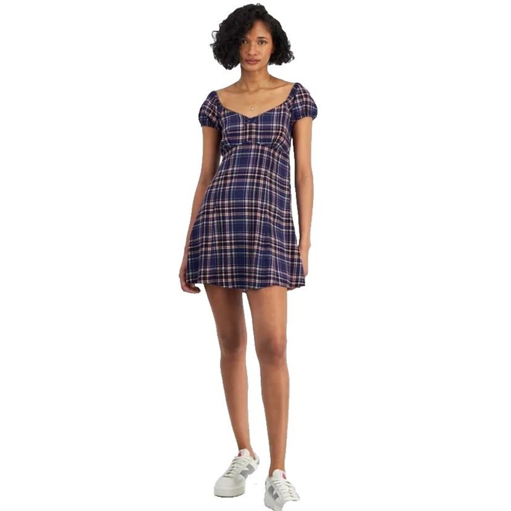 Self Esteem Juniors Large Textured Smocked‑Back Empire‑Waist Dress Blue Plaid